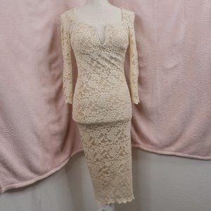 Hot Miami Styles Nude Lace Overlay Long Sleeved Body Con Dress